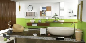 salle de bain zen vert blanc bois